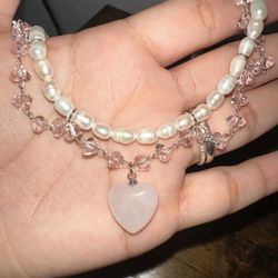 Real stones elegante Pearl and Pink Heart Necklace