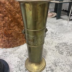 Vintage Solid Brass Umbrella Stand With Etched Deer & Cranes, Gargoyles