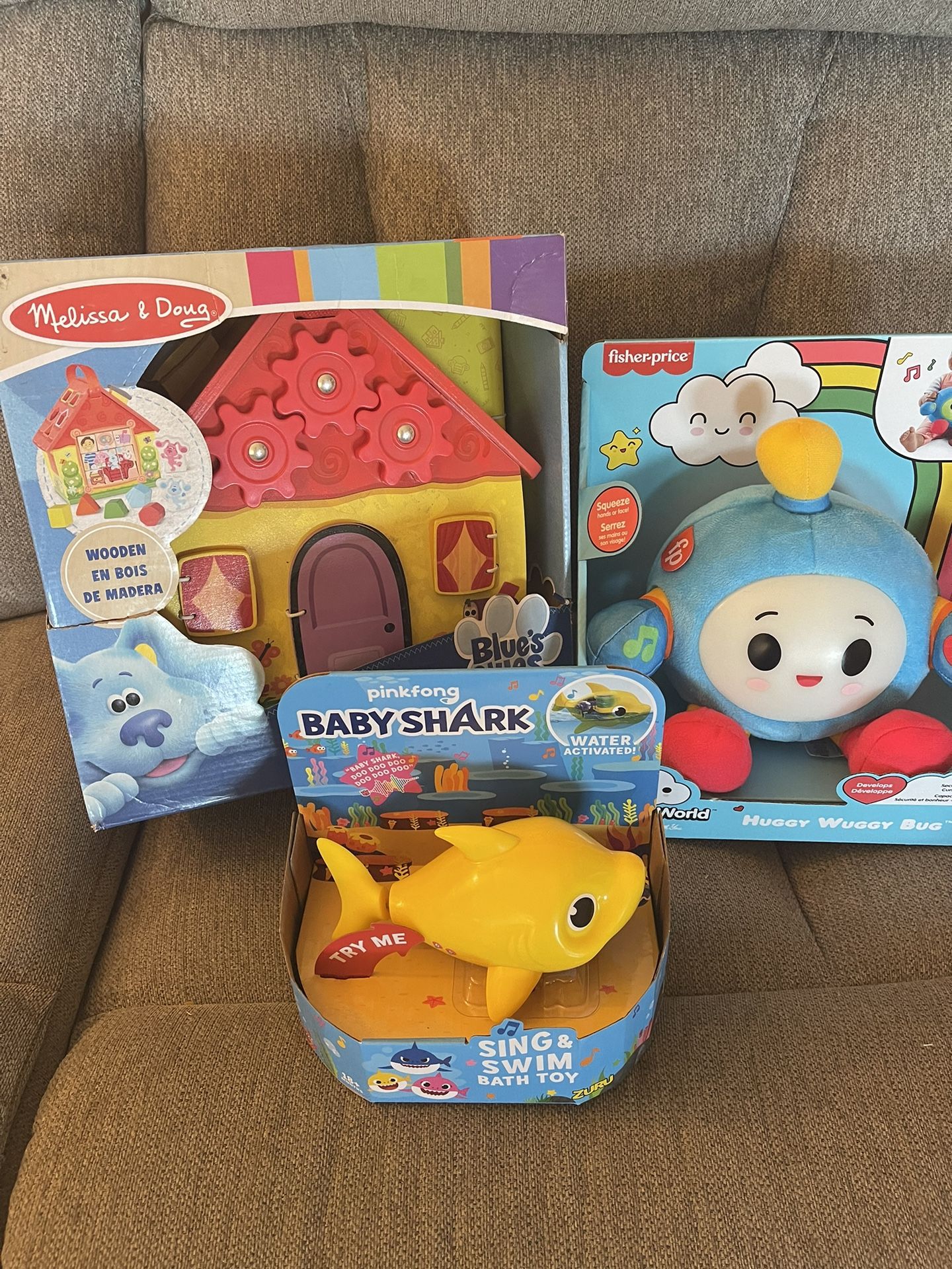 Kids toy bundle. Melissa and Doug blue’s house, hugggy wuggy bug, baby shark