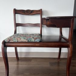 Antique Wood Telephone Chair with Table Attached 