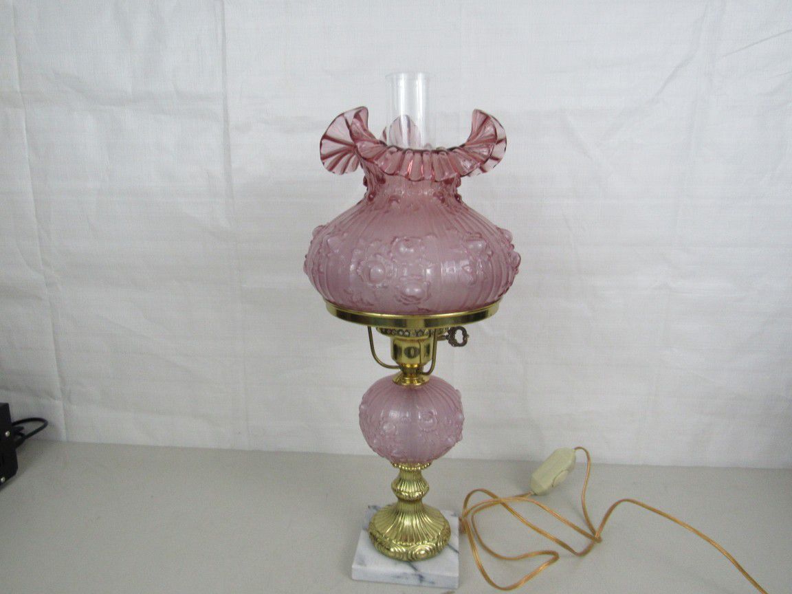 Vtg Fenton Glass Satin Pink Table/Desk Top Lamp Marble Base