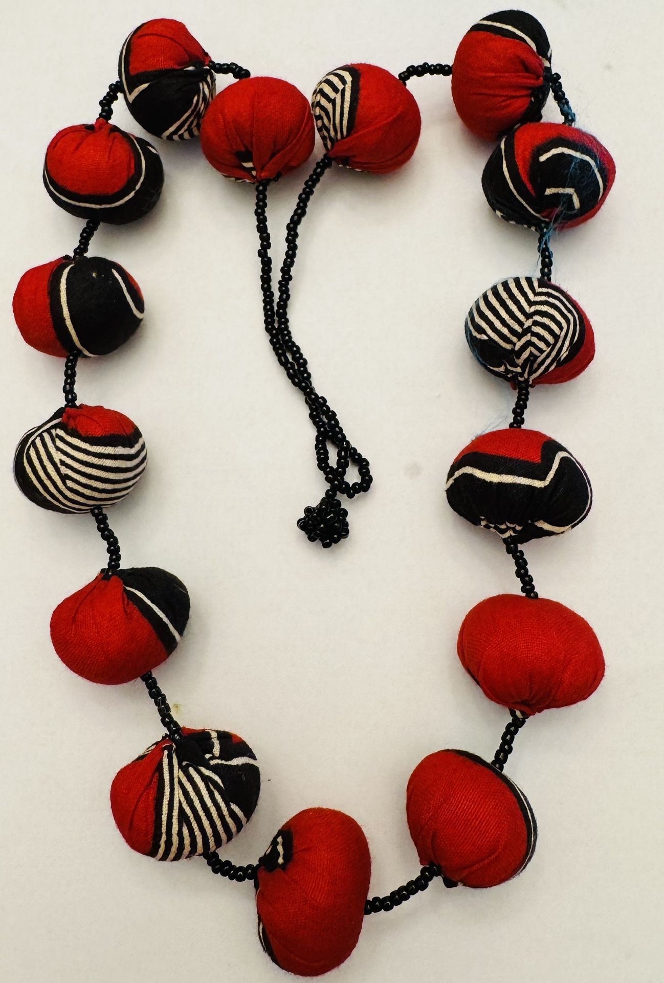 African Fabric Beaded Necklace, Bracelet, Earrings Red, Black & White Pierce 24” long