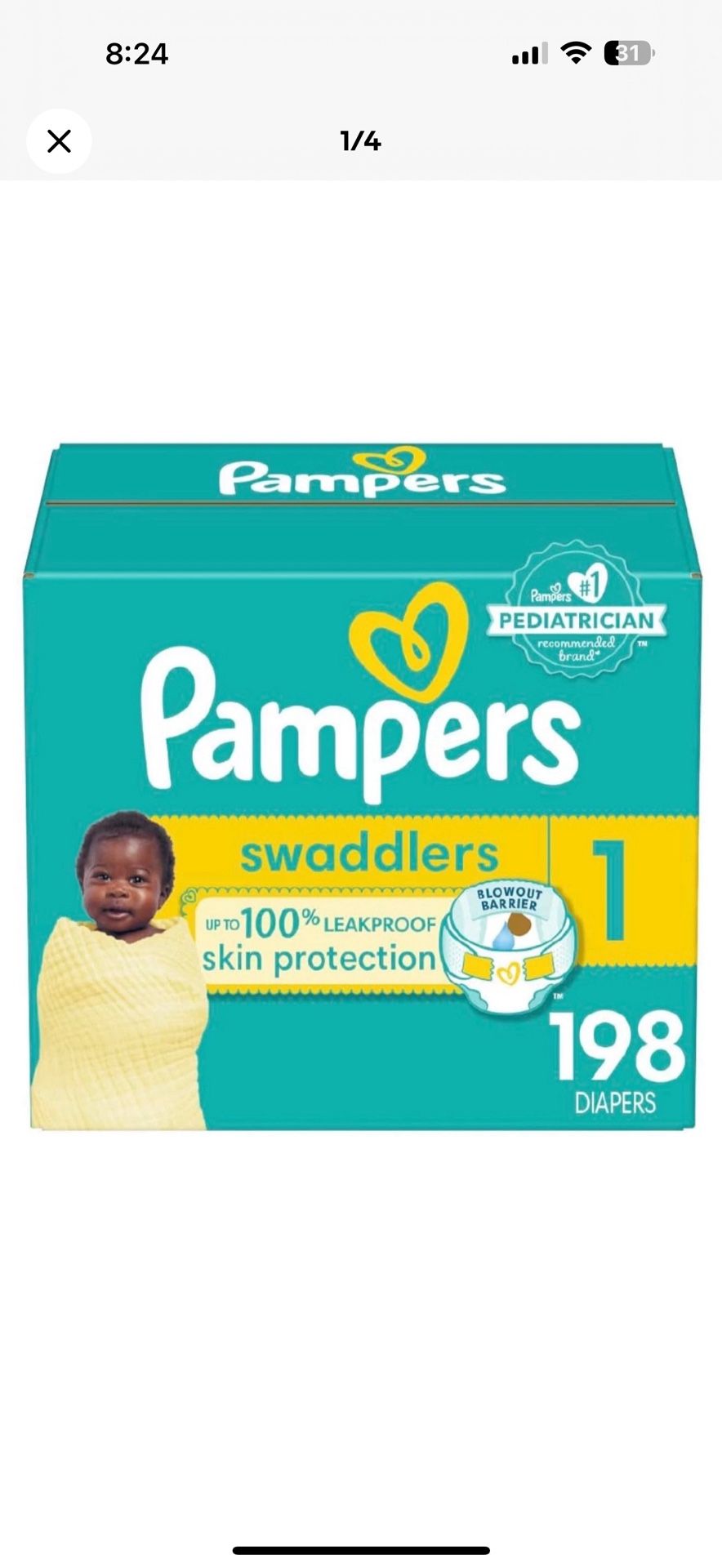 Pampers Swaddlers 198 Diapers- Size 1