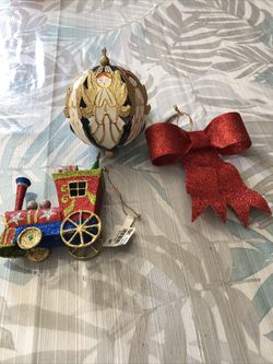 Pier 1 Christmas Ornament Lot Of 3, Bow, Train & Angels, NWT