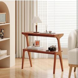 Solid Wood End Table, 2-Tier Side Table with Storage Shelf, Wooden Modern Accent Slim Bedside Table for Sofa, Living Room, Bedroom, Small Space, Easy 
