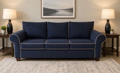 Navy Blue Sofa Tith White Piping Great Used Condition FREE DELIVERY
