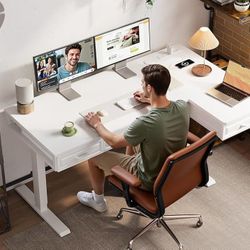 L Shaped Electric Standing Desk with Wooden Drawers, 55 Inch Height Adjustable Corner Workstation with Power Outlets, Sit Stand Table for Home, Office