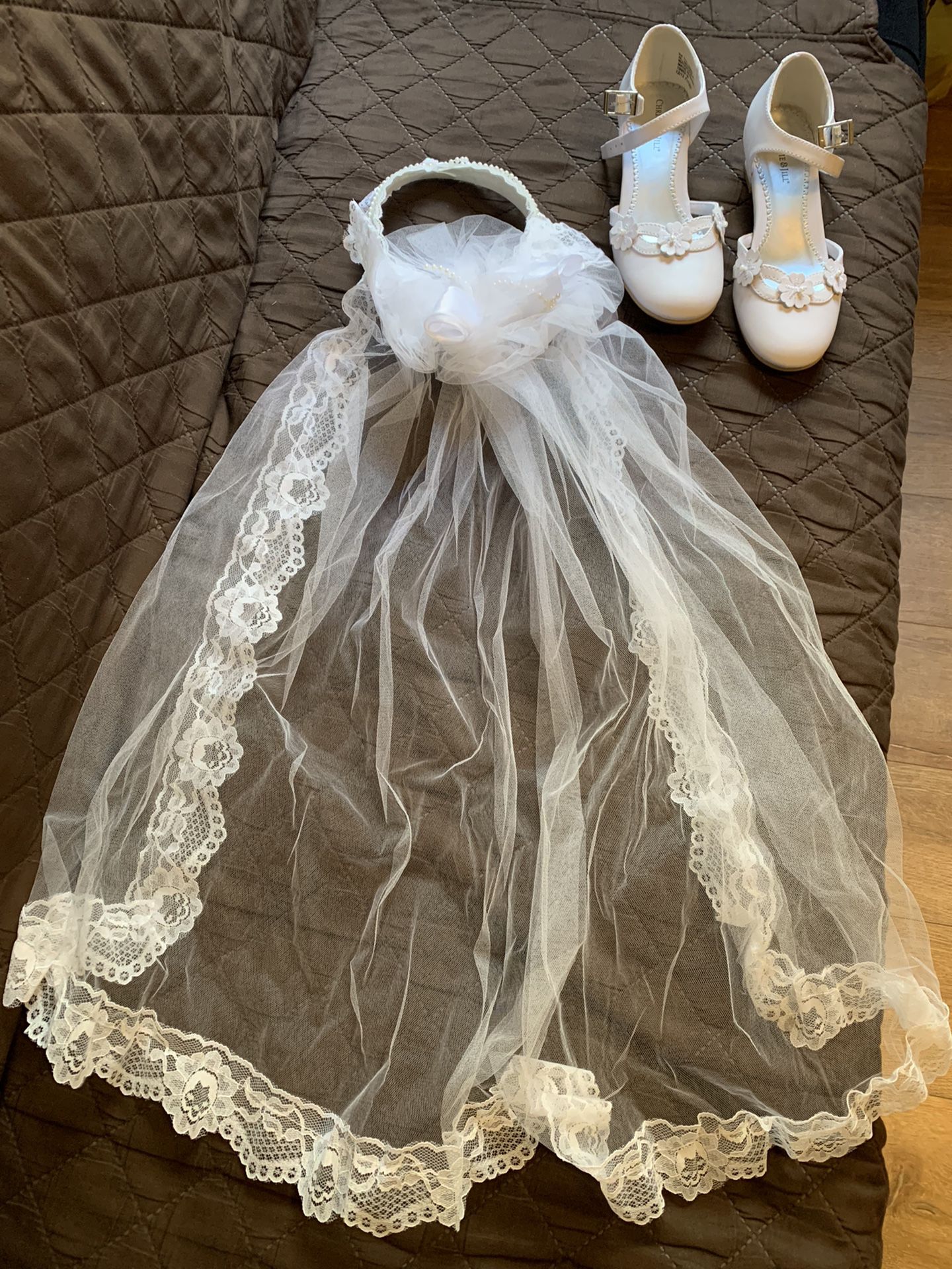 First Communion or Baptism Dress , Size 2M Shoes and Veil 