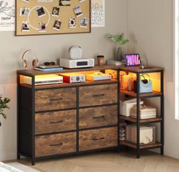 53.5" LED TV Stand Dresser , 6 Drawers Fabric Dresser, Power Outlets with 4-Tier Shelves,Brown