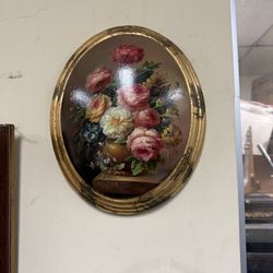 Oval Floral Painting – Vintage Style Flowers Gold Frame Wall Art