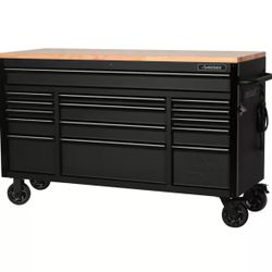 Husky 61 in. W x 23 in. D Heavy Duty 15-Drawer Mobile Workbench Tool Chest with Solid Wood Top in Matte Black