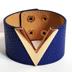 Blue With Gold Faux Leather Bracelet With Snap Button 