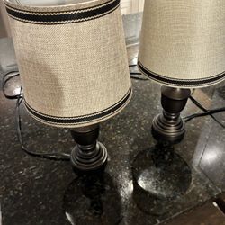 2 Table Electric Lamps 15” H x 7 1/2” W Bronze w/ Tan Shades