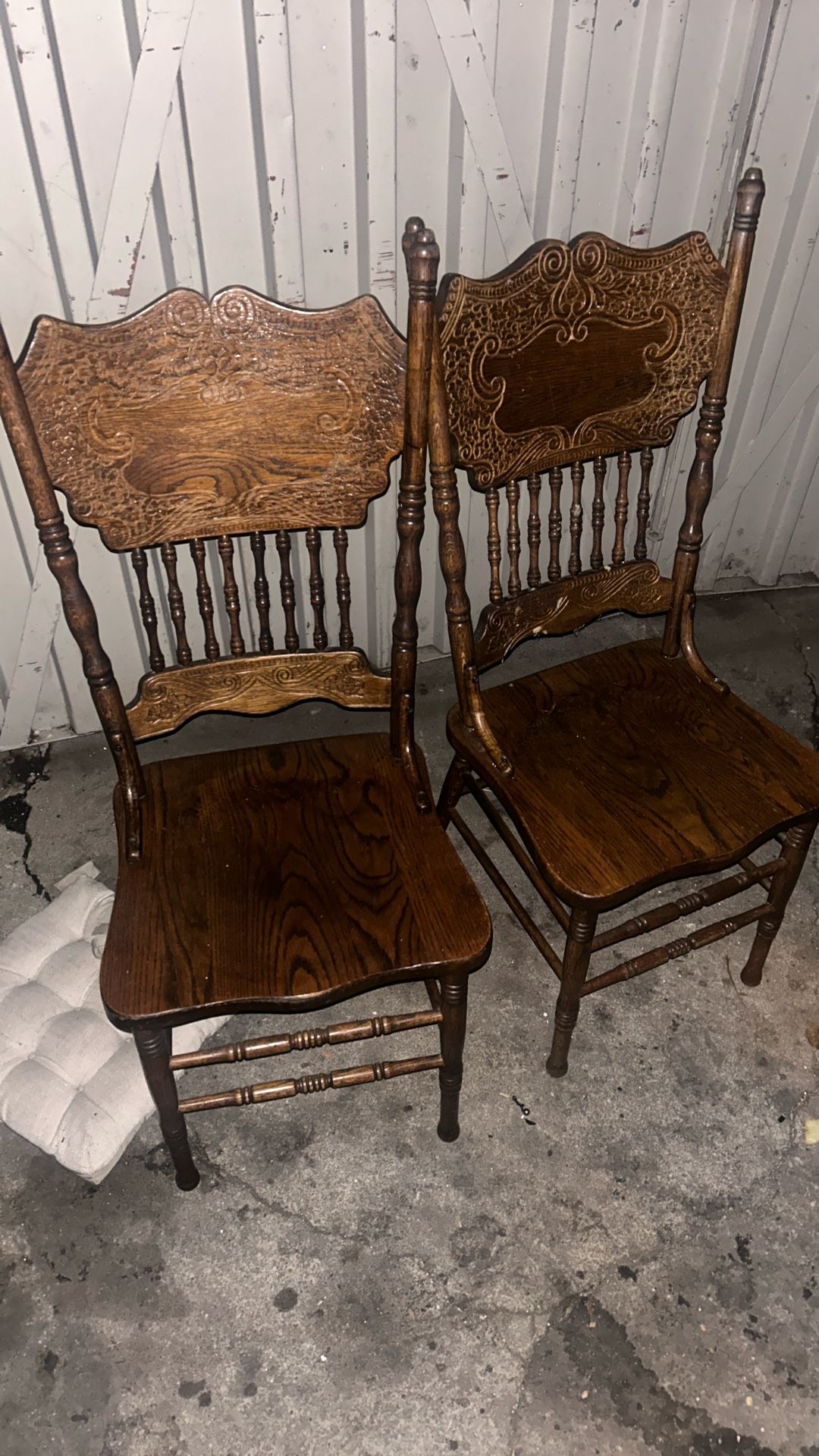Pair Of Antique Pressed Back Wooden Chairs