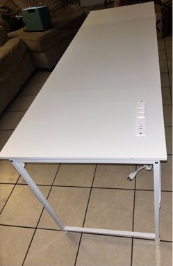 Large White  Desk with Built-In Power Strip