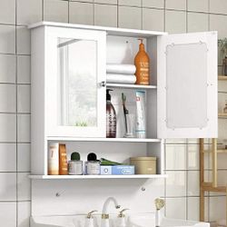 Bathroom Cabinet Wall Mounted with Double Mirror Doors, Wood Hanging Cabinet with Doors and Shelves, Bathroom Wall Mirror Cabinet (White)