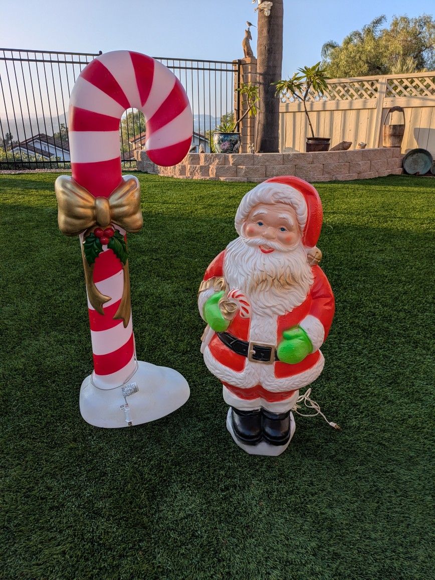 Set (2) VTG Blow Mold Holiday Decor " Santa Claus & Large Candy Cane