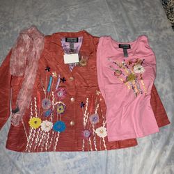 PINK Indigo Moon Jacket Salmon Embroidered Flowers SHIRT SCART Ribbon kit 2X