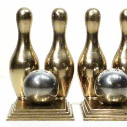 Pair Antique Brass Sports Trophy Bowling Pin Ball Bookends Figure Art