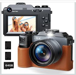 4K Digital Camera for Photography, Autofocus 64MP for Vlogging 3" Screen Dual Lens Selfie Camera 18X Digital Zoom 64GB SD Card, 2 Batteries for Beginn
