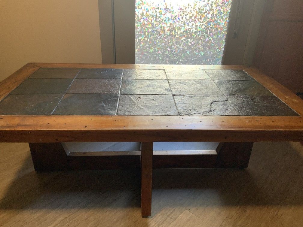 Vintage Heavy-Duty Solid Wood/Stone Tile Coffee Table and Side-End Table