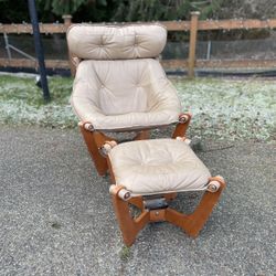 Danish Luna Leather Lounge Chair With Ottoman