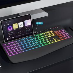 Wireless Keyboard with 8 Colored, 9 Effects Backlits, Wrist Rest, Phone Holder, Rechargeable Ergonomic Computer Keyboard with Silent Keys, 2.4G Lag-Fr