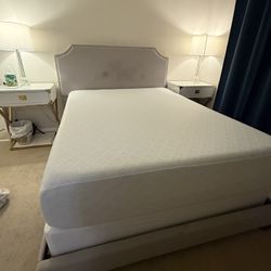Queen Upholstered Bed Frame with Mattress & Box Spring – Guest Room, Lightly Used