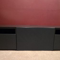 Ikea BESTÅ TV unit with drawers and door, black-brown, Notviken blue doors.