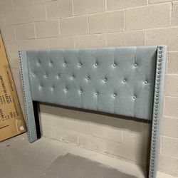 Queen Bed, Gray Teal Linen Complete Bed- headboard, footboard, and frame