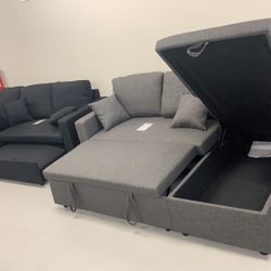 Brand New sectional sofa with chaise storage and pull out bed!  Gray and black available  