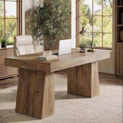 JW1088 55" Executive Desk, Wooden Office Desk with Double Pedestal, Modern Simple Computer Writing Table for Home Office, Light Brown