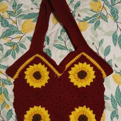 Sunflower Burgundy Crochet Bag - Handmade