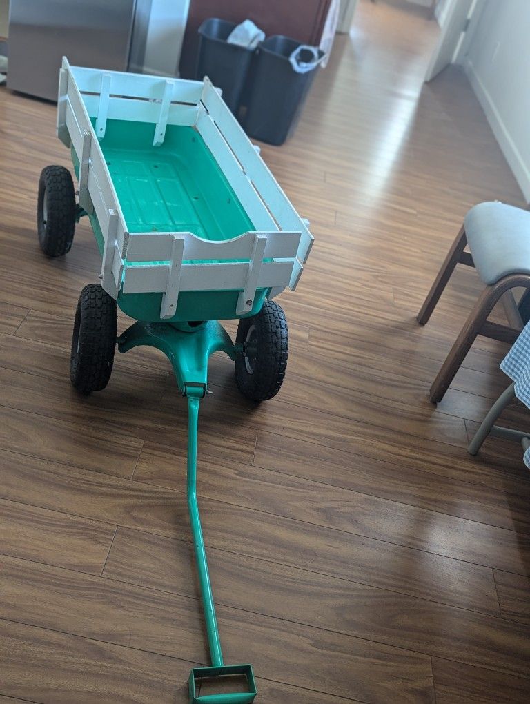 Farm Tuff Durable metal Garden Wagon Utility Cart with wooden Removable Side Racks and Pneumatic Tires, Green and White