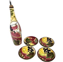 Clay Art Wine Garden Olive Oil Bottle 4 Dipping Bowl Hand-Painted Ceramic Grapes