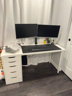 Modern White Office Setup – Desk + Drawer Cabinet + Dual 22” HP Monitors