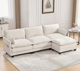 Modular Sectional Cloud Couch with Movable Ottoman, 4 Seat Modern Corduroy Sofa, Deep Seat L Shaped Couch for Living Room Bedroom Apartment, Beige