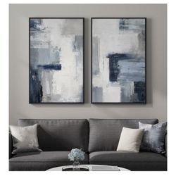 Large Framed Blue Gray Abstract Wall Art Set of 2