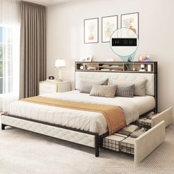 UPHOLSTERED BED FRAME QUEEN SIZE WITH STORAGE AND LED LIGHTING BRAND NEW IN BOX!!!