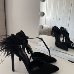 Black Heels With Feather Details 
