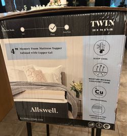 Brand New Allswell 4” Memory Foam Mattress Topper Infused with Copper Gel in Twin (38” × 74” × 4”), with a firm comfort level.
