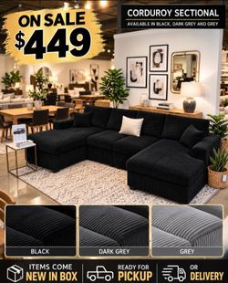 U shaped sectional sofa, double chaise couch black, grey, dark grey