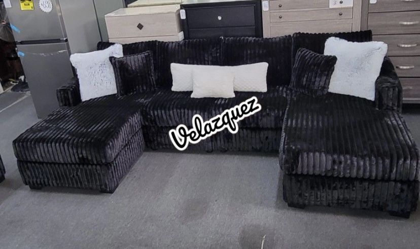 ✅️✅️3 pc black fur like jumbo corduroy fabric sectional sofa with double chaise✅️✅️