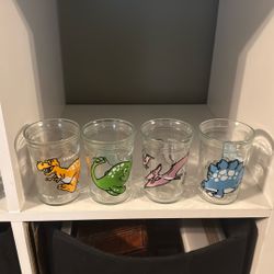 4 Welch’s Jelly Jam Jar DINOSAUR Glasses 1988 Vintage Very Good