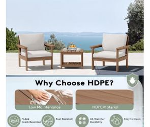 😀 3-Piece SERWALL HDPE Outdoor Patio Conversation Set, All-Weather Patio Sofa Furniture Set for Porch & Deck, Brown Frame with Beige Cushions