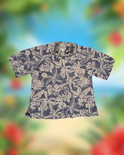 Vintage Cooke Street Honolulu Mens Large Blue and Beige Hawaiian Button-Up Shirt