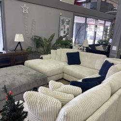 5-Piece Gray or Ivory Jumbo Corduroy Comfy Sectional w/ Chaise Sofá Cómodo