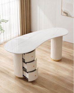 LAKIQ White Sintered Stone Executive Desk w/ 3 Drawers