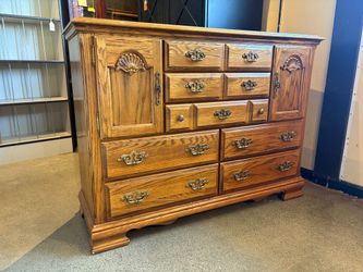 Large Solid Wood 7 Drawer Dresser with Side Cabinets