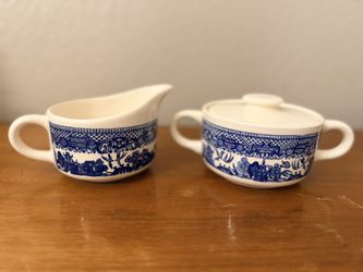  Blue Willow Creamer & Covered Sugar Set – White Milk Glass Style – Chinoiserie